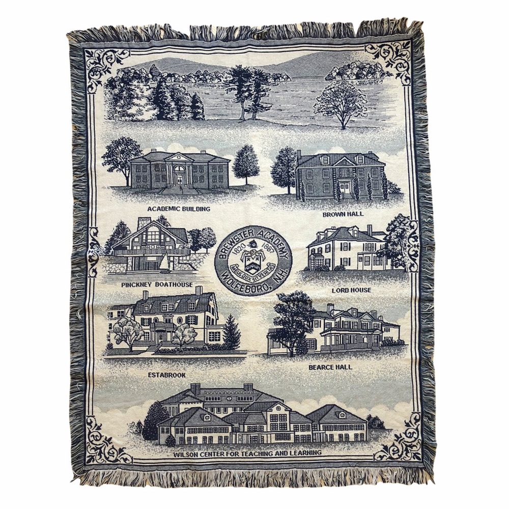 Blue Cream Academic Tapestry Blanket Fringe Woven Throw Brewster Academy